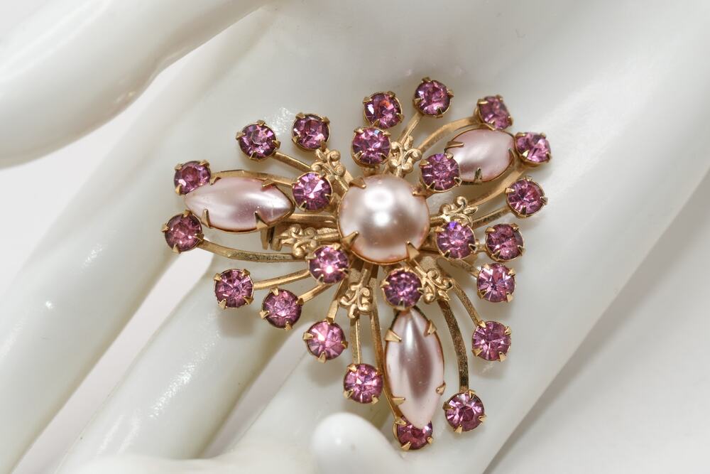Vintage Pink Rhinestone Faux Pearl Brooch 3D Gold Tone 1950s